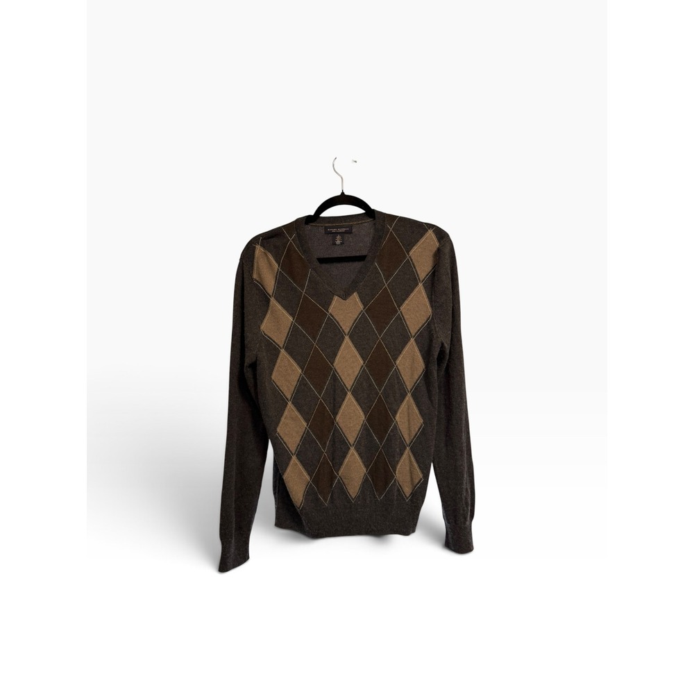 Banana Republic Mens Small Silk Cashmere Argyle V-Neck Sweater Gray Brown